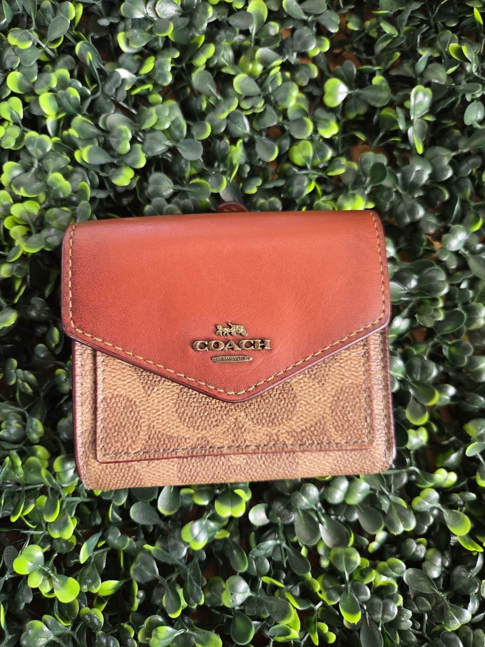 Coach Two-Tone Leather Envelope Wallet in Brown and Tan